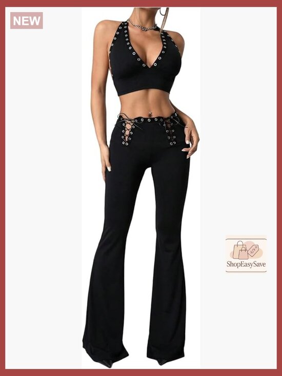 Pants - Women's 2 Piece Grunge Halter Top & Flared Leg Pants Y2K Matching Set